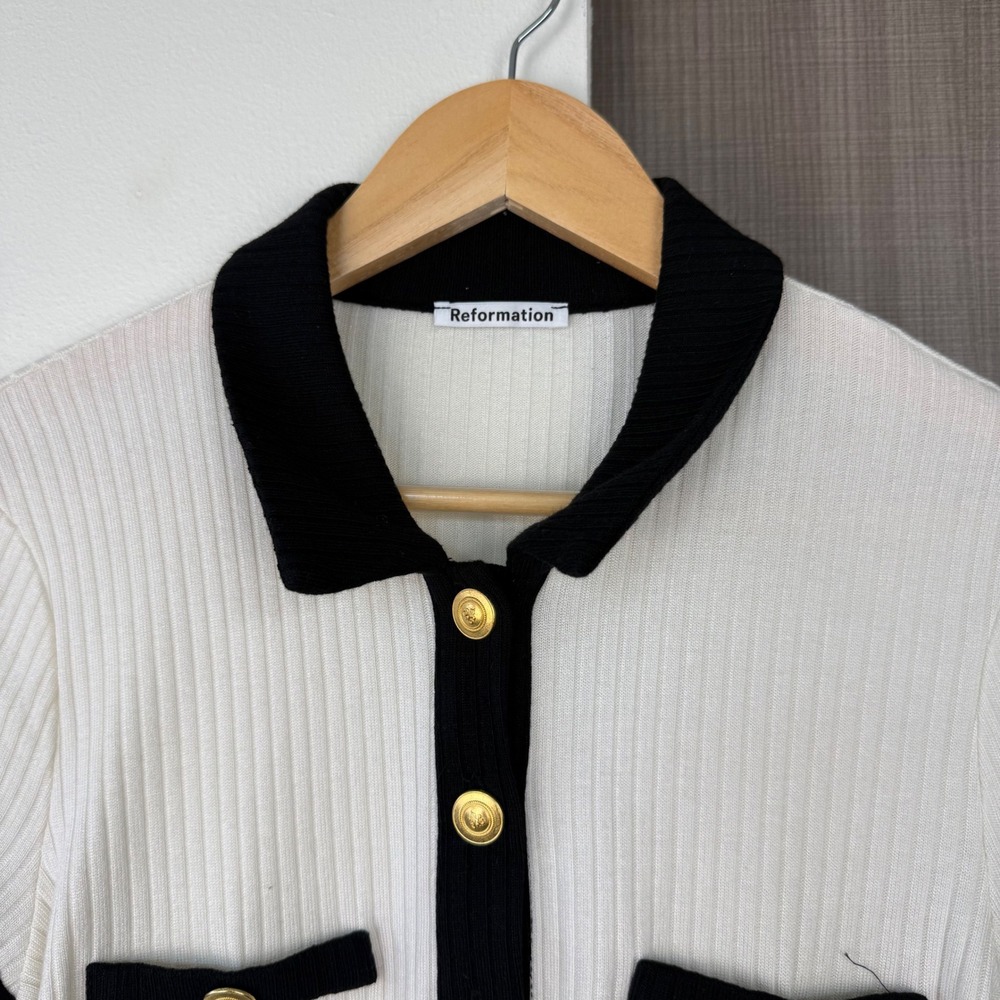 Reformation White Black Aminara Knit Short Sleeve Top Old Money Size Large - Picture 6 of 14